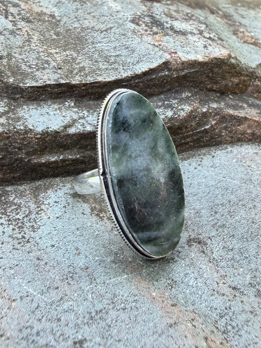 Genuine Moss Agate Green Stone Silver Ring 5.5